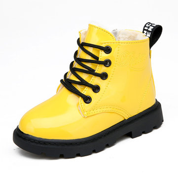 Enfants unisexe hiver en peluche chaude étanche PU cuir occasionnels bottes