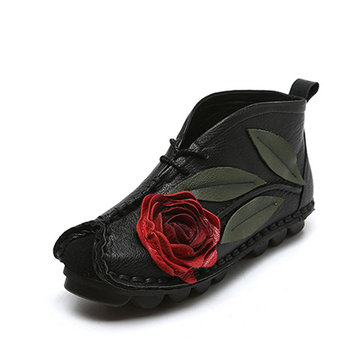 SOCOFY Bottes en cuir véritable Soft Bottes en fleur de fleur unique