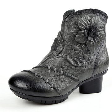 SOCOFY Bottes en cuir à la mode à motifs floraux faits à la main