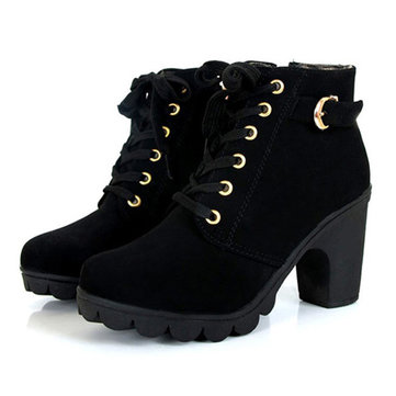 Femmes fille top bottes talon cheville pompes haute hiver lacent chaussures boucle en suède 