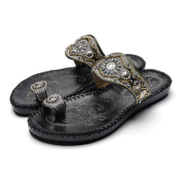 Women& Bohemia& Sandals& Clip& Toe& Flat Broderie Casual Beach Slipper