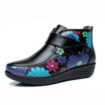 Bottes Femme Fleur en cuir d'hiver Gardez les bottes de cheville extérieures chaudes