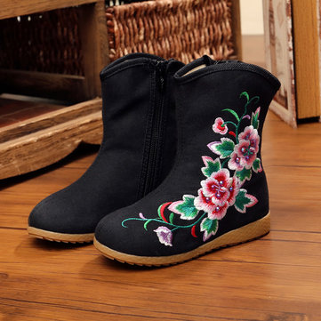 Filles fleur broderie respirante fermeture à glissière bout rond cheville court bottes