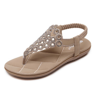 Bohemia Rhinestones Clip Toe Elastic Flat Sandals