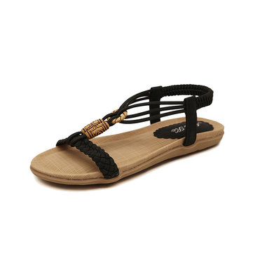 Grandes femmes de taille perles d'été des sandales plates chaussures à bout ouvert plage tongs pantoufles sandales