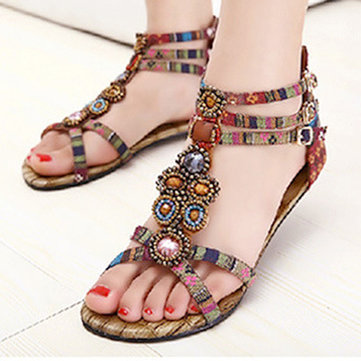 Bohême bourrelet cryastal évider vent rétro peep toe nationale cheville boucle à glissière sandales