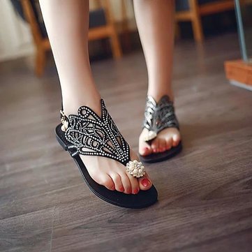 Femmes plage sandales talon perle évider boucle sandales plates