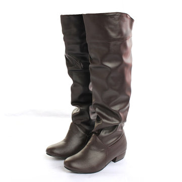 Cuir PU femmes loisirs de couleur pure talon bas cuissardes