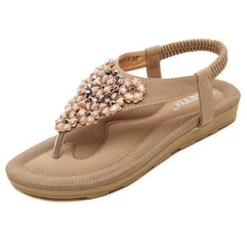 US Taille 5-10 été Femme en Strass Bohémien Casual en Plein Air à Plage Florale Fashion Souple Plat Sandales