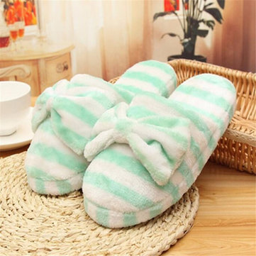 Femmes rayées pantoufles bowknot hiver mocassins souples intérieurs chauds