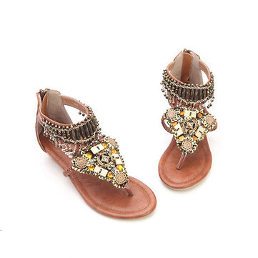 Bohème métal chaine de perles rétro pu pince orteil fermeture éclair plage plat en plein air confortable cheville sandales