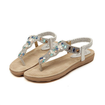 Bohême perle strass plage élastique sandales plates peep toe tongs